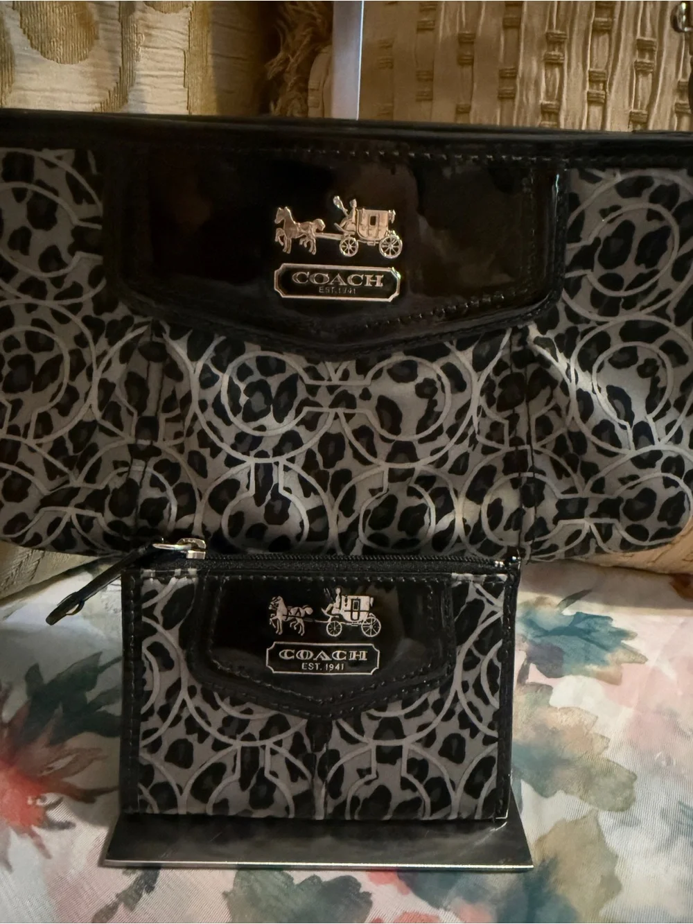 Coach Madison Ocelot Print Wristlet and Keychain ID Holder / Coin case preowned